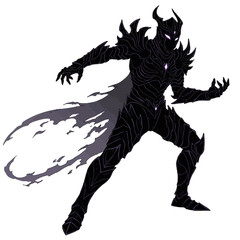 Vector art of a dark, menacing figure in ornate armor with glowing purple eyes and a flowing shadow cape, exuding an aura of power and mystery