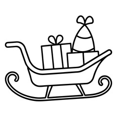 Thin line drawing of a sled loaded with presents