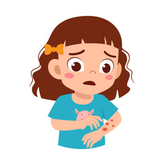 Worried Little Girl Scratching Itchy Rash on Arm with Sad Expression in Cartoon Style