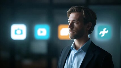 Businessman technology digital icons interface communication man serious professional modern professional man suit blue shirt communication connection modern innovation network software application - Powered by Adobe