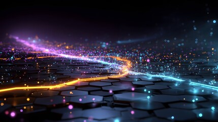 Abstract Glowing Data Flow Trails on Hexagonal Grid Surface