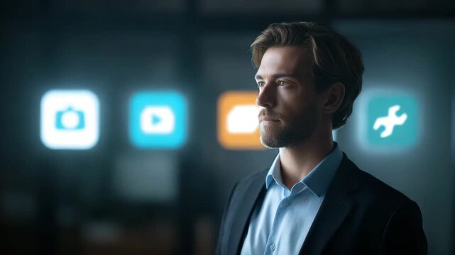 Businessman technology digital icons interface communication man serious professional modern professional man suit blue shirt communication connection modern innovation network software application - Powered by Adobe