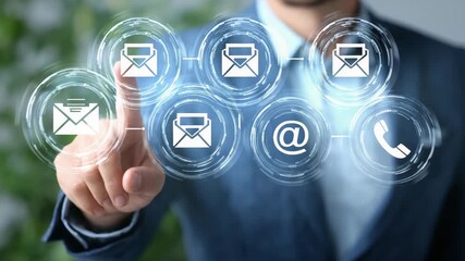 Email icon communication technology touchscreen digital interface email message contact network connection modern technology concept communication symbol businessman pressing virtual email icon - Powered by Adobe