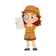Little Girl Detective Looking at Map with Magnifying Glass and Confused Expression
