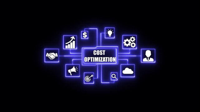 Cost optimization business strategy icons connected by glowing blue lines on black background. Business, Technology, Internet and network concept.