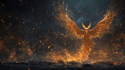 Fiery phoenix rising from ashes symbolizing rebirth power and transformation