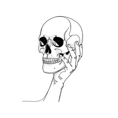 Vector art of a minimalist line drawing of a human skull held by a hand, , conveying a sense of contemplation, mortality, and artistic expression in a simple yet striking graphic style