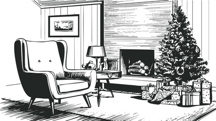 Pen draw modern living room with armchair, fireplace, Christmas tree with gifts in elegant monochrome line art sketchy style.