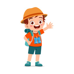 Happy Caucasian Boy with Backpack Waving Hand Smiling and Wearing Hat Ready for Adventure