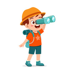 Happy Boy Scout Looking Through Binoculars Wearing Hat and Backpack with Smile Expression