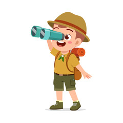 Happy Little Boy Scout Looking Through Binoculars Wearing Hat and Backpack Illustration
