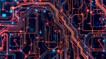 Abstract visualization of a futuristic computer motherboard with glowing neon data streams flowing through complex digital pathways