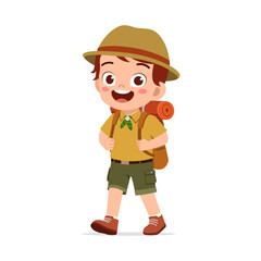 Happy Caucasian Boy Scout Walking with Backpack and Hat Smiling Adventure