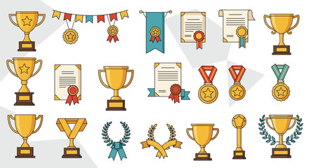 A vibrant collection of pixel art awards and trophies symbolizing achievement and victory.
