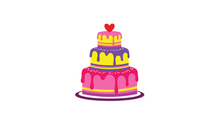 A vibrant three-tiered celebration cake adorned with a tiny red heart at its peak signifying love and joy.
