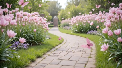 Pathway through a blooming garden with pink tulips and butterflies on a sunny day
