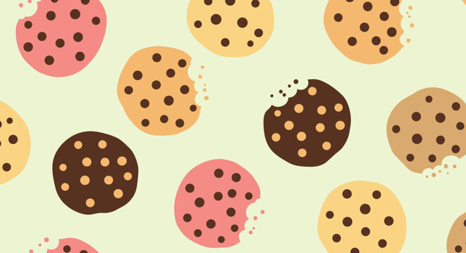 A delicious assortment of sweet chocolate chip and strawberry flavored cookies scattered across a light green background.