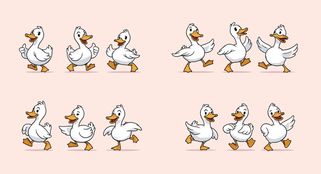 Animated sprite sheet of cute cartoon ducks walking and dancing in a cheerful style.
