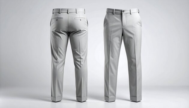 Front and back view of light grey men's dress pants displayed on a plain white background.