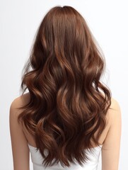 Fototapeta premium This image shows long wavy brown hair with beautiful natural curls and a shiny texture, representing a fashionable hairstyle.
