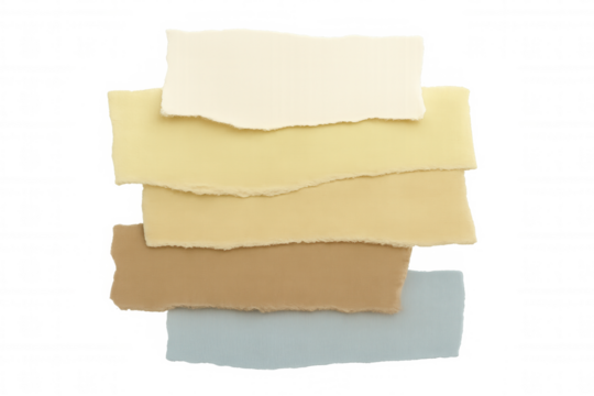 Stacked torn paper scraps creating an abstract beige and blue layer background with copy space