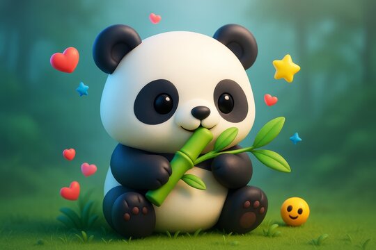 Cute cartoon panda eating bamboo in magical forest with hearts and stars floating around, light background, happy animal concept scene. Ai generative