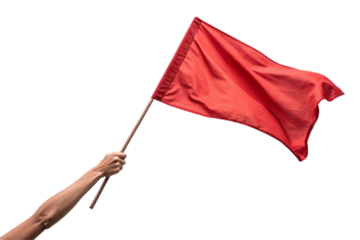Holding a red flag, raising an arm. Transparent. For compositing. Cutout ready.