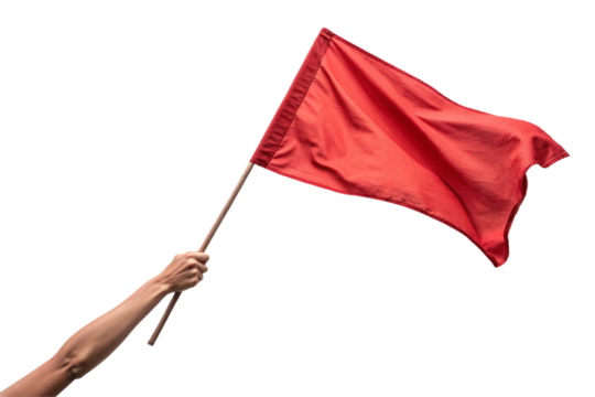 Holding a red flag, raising an arm. Transparent. For compositing. Cutout ready.
