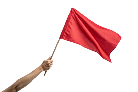 Holding a red flag, raising an arm. Transparent. For compositing. Cutout ready.