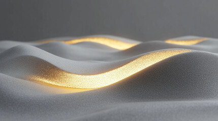 A single gold line slices through undulating gray sand dunes, creating a striking contrast. Hyperrealistic lighting accentuates the smooth texture of sand and the metallic gleam of the line.