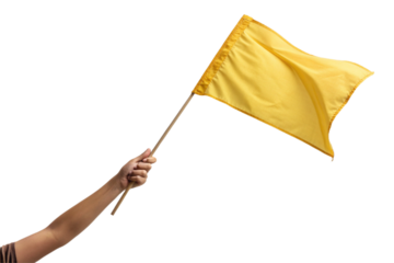 Holding a yellow flag, raising an arm. Transparent. For compositing. Cutout ready.