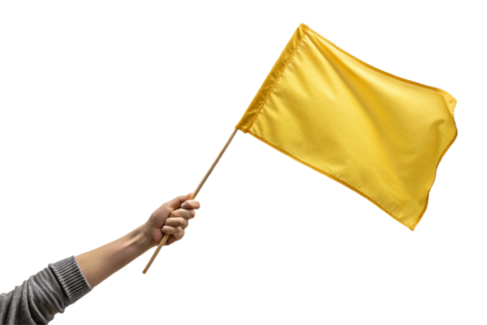Holding a yellow flag, raising an arm. Transparent. For compositing. Cutout ready.