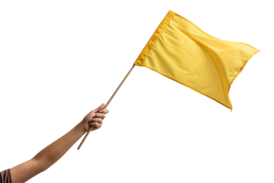 Holding a yellow flag, raising an arm. Transparent. For compositing. Cutout ready.