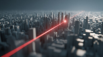 A single light beam scanning across a city model symbolizing analysis innovation and planning representing futuristic technology urban design and precision in architectural visualization