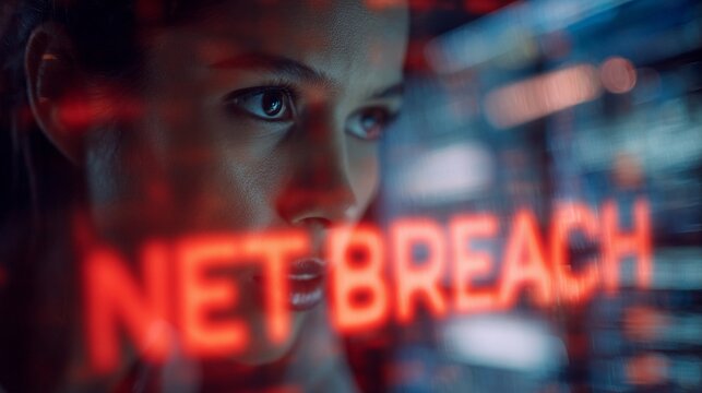 Close-up of a focused woman with dark hair, looking intently at digital data, emphasizing the theme of cybersecurity and urgency.