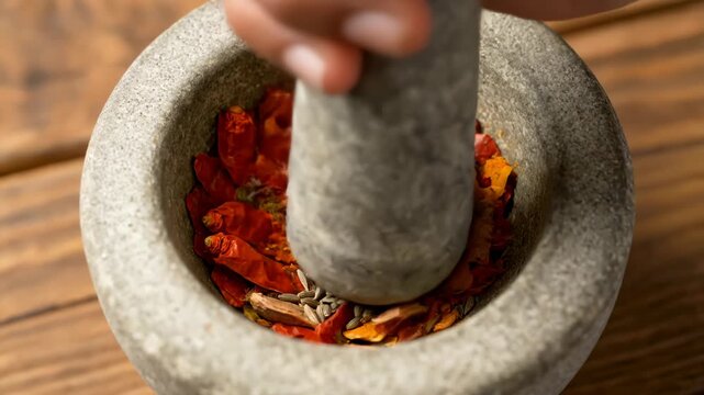 Grinding Colorful Spices in Stone Mortar With Pestle