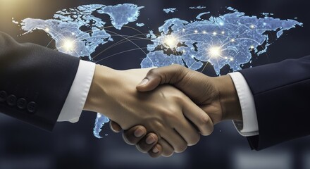 Global Business Partnership and Digital Network Connection Illustrated by Diverse Handshake Against a Luminous World Map Background