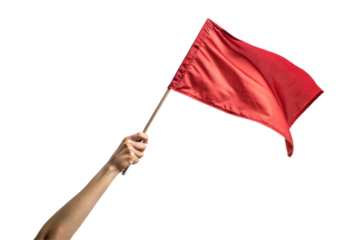 Holding a red flag, raising an arm. Transparent. For compositing. Cutout ready.