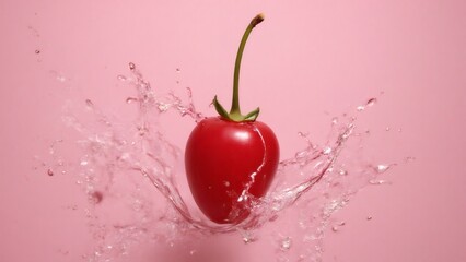 Vibrant red cherry splashes in pink, creating refreshing summer mood.