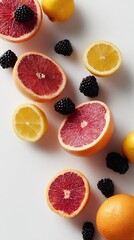 Citrus Fruits Flat Lay Grapefruits Lemons Oranges Blackberries White