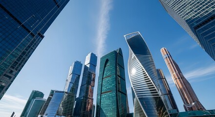 A low-angle view of modern futuristic skyscrapers in a financial district against a bright blue sky.