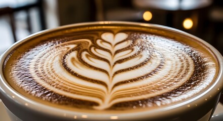 A close-up shot of a ceramic cup filled with coffee, featuring intricate rosetta latte art on the foam.