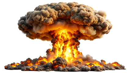 A massive mushroom cloud explosion with intense fire and smoke, representing a nuclear blast or powerful detonation, isolated on transparent background
