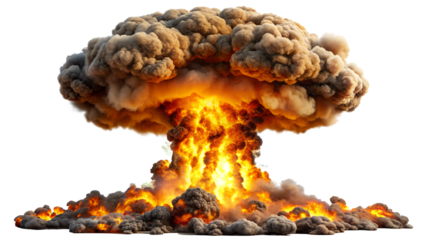A massive mushroom cloud explosion with intense fire and smoke, representing a nuclear blast or powerful detonation, isolated on transparent background