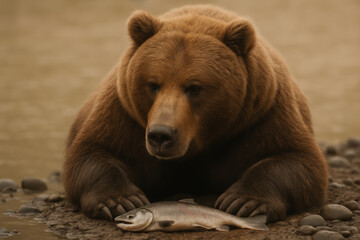 Fototapeta premium Brown bear resting by riverbank with freshly caught fish, wild animal displaying natural hunting behavior in calm outdoor setting