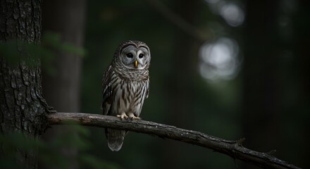 Obraz premium A striped owl perched on a branch, gazing intently against a blurred forest backdrop