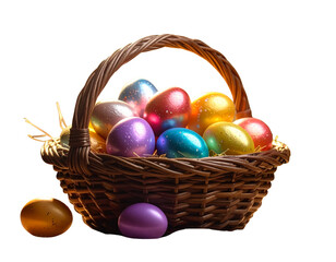 Naklejka premium Close-Up of Rustic Basket Filled with Vibrant Easter Eggs, Artistic Lighting, Isolated