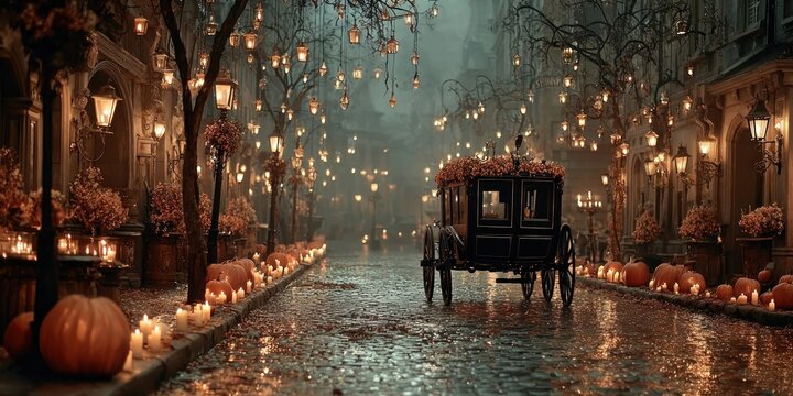 Enchanted pumpkin carriage rolling through a misty cobblestone street lined with glowing lanterns