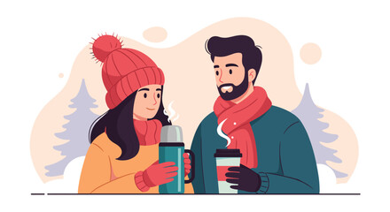 A couple bundled up in winter attire, sharing a warm beverage while enjoying the snowy outdoors, creating a cozy and heartwarming scene.