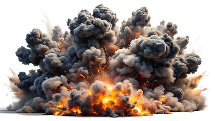 Massive dark smoke explosion with fire and debris isolated on transparent background